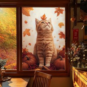 HOMETITUTE Cat Fall Window Film 31x47 Inch Cat Pumpkin Leaves Autumn Decorative Windows Film Thanksgiving Privacy Window Cling Static Cling Windows Sticker for Kitchen Living Room Glass Door Dcor