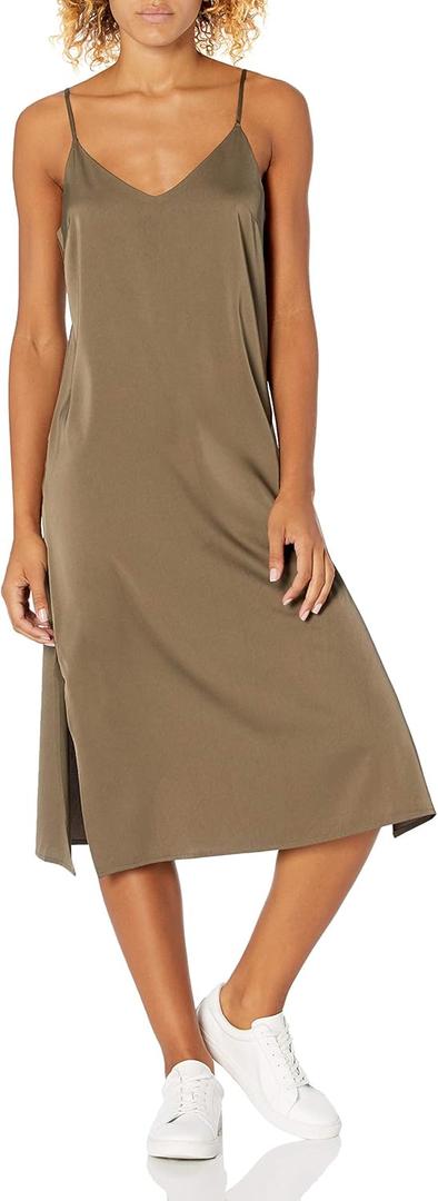The Drop Women's Ana Silky V-Neck Midi Slip Dress (Medium, Dark Olive)