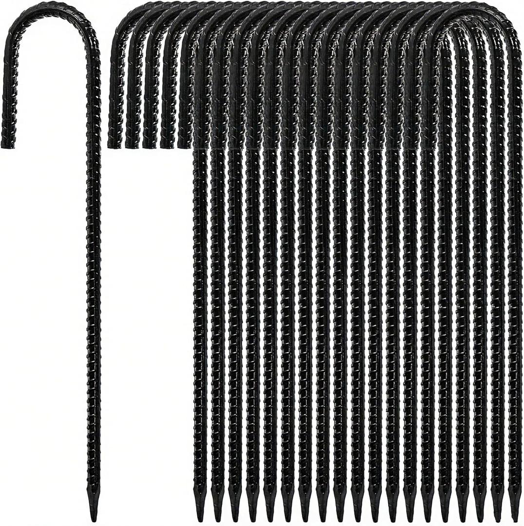 Hacaroa 20 Pack 12 Inch Rebar Stakes Heavy Duty, J Hook Ground Anchors Metal Tent Stakes, Steel Garden Stake for Camping, Canopies, Chain Link Fences, Trampolines, Black
