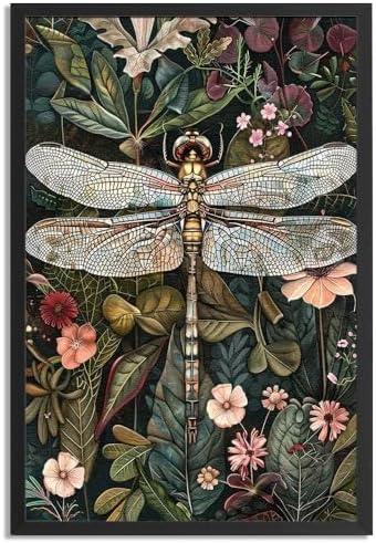 Framed Vintage Wall Art Dark Green Dragonfly Flowers Pictures For Aesthetic Room Decor-Retro Painting Canvas Prints Ready To Hang Farmhouse Bedroom Living Bathroom