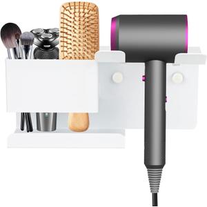 Hair Dryer Holder Wall Mounted, SHAIDOJIO Blow Dryer Holder for Bathroom, Aluminum Alloy Hair Dryer Rack, Muti-Function Hair Tool Organizer with Plug Hook (White)