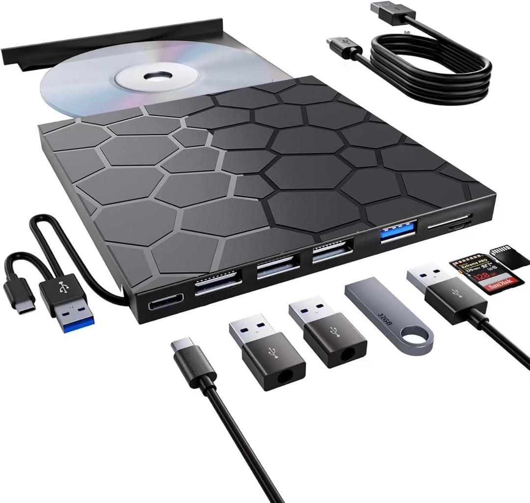External CD/DVD Drive for Laptop, Portable DVD Player for Laptop, 8 in 1 USB 3.0 CD/DVD-ROM +/-RW CD Burner,cd Drive External USB cd Reader Compatible with Desktop Mac,Windows 11/10/8/7 Linux