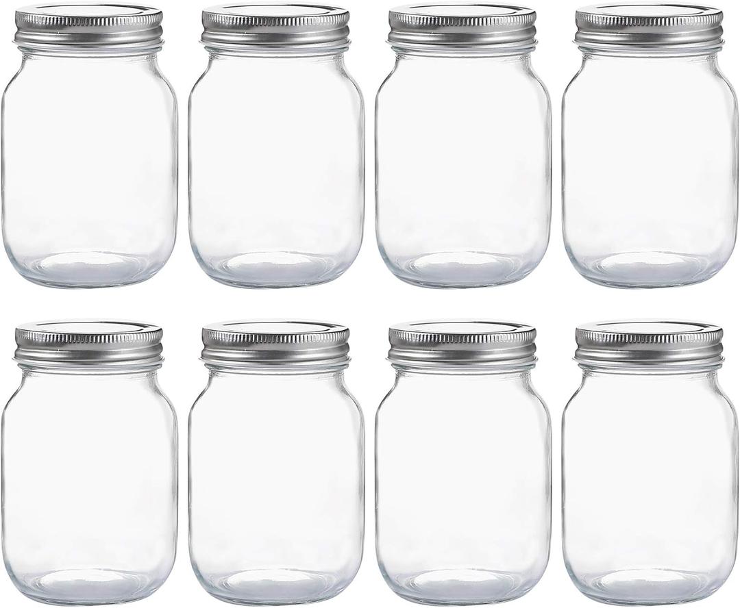 Glass Regular Mouth Mason Jars, 16 oz Clear Glass Jars with Silver Metal Lids for Sealing, Canning Jars for Food Storage, Overnight Oats, Dry Food, Snacks, Candies, DIY Projects (8PACK)