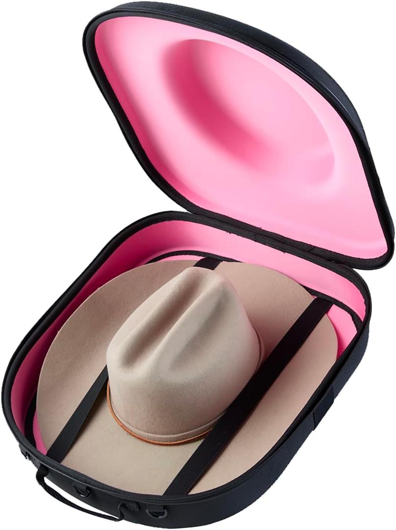 Cowboy Hat Travel Case  Crushproof Carrier for Cowboy, Panama & Tweed Hats with Carrying Handle, Shoulder and Luggage Strap, For Travel and At-Home Storage (Large) (Inner-Pink)