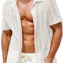 Runcati Mens Button Down Shirts Short Sleeve Hollow Out Knit Shirt Cuban Collar Casual Crochet Beach Summer Tops (X-Large, White)