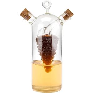 2 in 1 Olive Oil Vinegar Dispenser Cruet, Clear Glass Vinegar and Oil Bottles, Double Pourer Spout Oil Dispenser Bottle for Kitchen Cooking Container (8.1 Ounces)