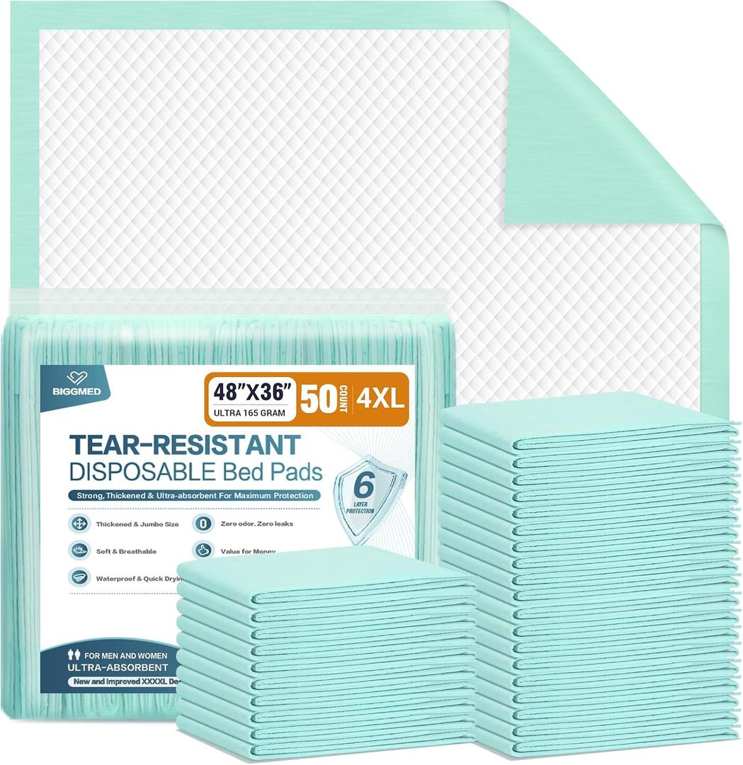 BIGGMED Tear-Resistant Disposable Bed Pads 48" x 36" 50 Count Underpads Extra Large Incontinence Bed Pads Heavy Duty Absorbency Chux Pads Pee Pads for Adult Elderly Puppy Pads for Training
