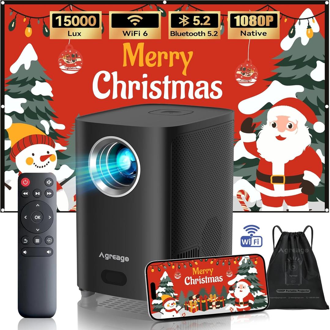 Projector, [Electric Focus] Projector with WiFi and Bluetooth, 15000Lumens 1080P Native Portable Black Projector, Outdoor Movie Projector