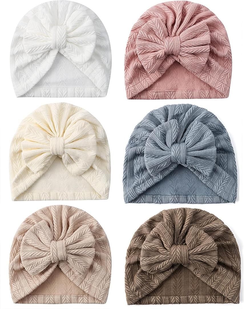 6 PCS Stretchy Baby Turban Hats, Baby Hat with Bows for Girls, Baby Boys Caps, Toddler, Newborn, Infant Hat Unisex (2)