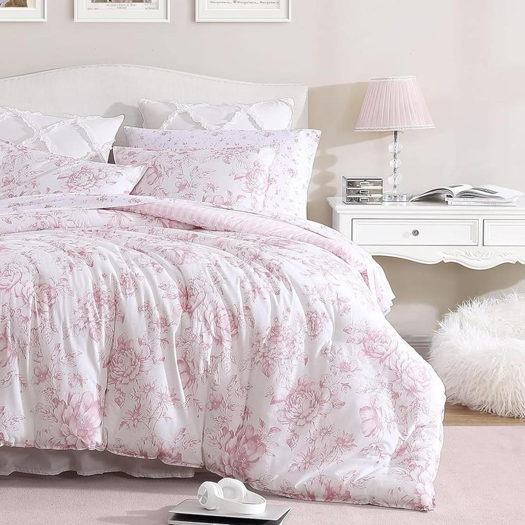 Laura Ashley - Queen Comforter Set, Reversible Cotton Bedding with Matching Shams, Medium Weight for Year Round Use, Oeko-Tex Certified, Coquette Room Decor (Delphine Mauve Pink)