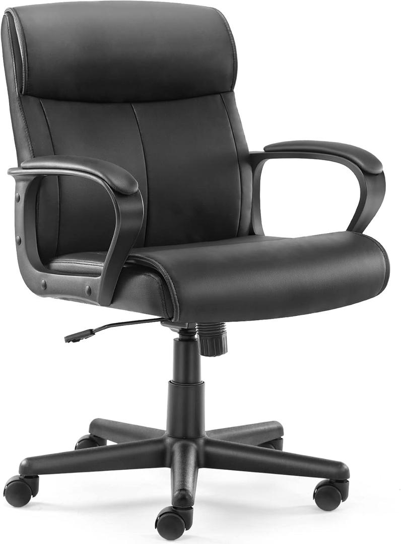 DUMOS Ergonomic Executive Office Chair with Padded Armrests, Mid Back Lumbar Support, Adjustable Height & Tilt, PU Leather Swivel Desk Chair for Home Office, Black