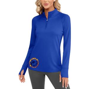 Cavva Women's Thermal Shirts Fleece Zip Up V Neck Running Long Sleeve Shirts Workout Tops with Thumbhole Color Blue, S