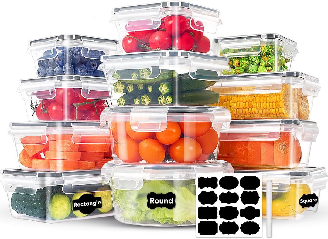24-Piece PVC-Free BPA-Free Food-Grade Plastic Kitchen Set (12 Containers + 12 Lids), Leakproof Airtight Reusable Meal Prep & Food Storage Containers, Microwave and Dishwasher Safe