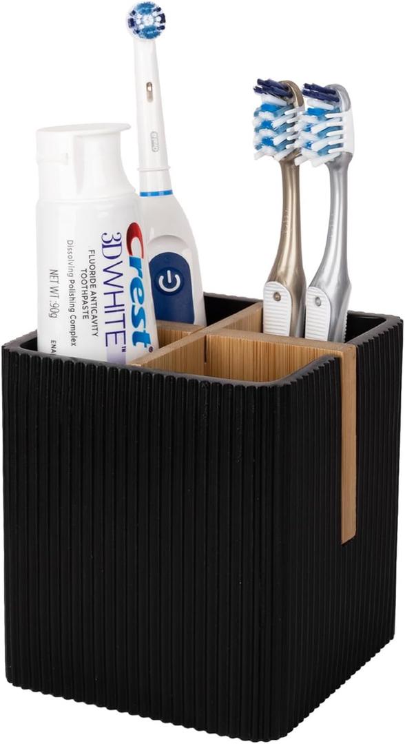rejomiik Toothbrush Holders for Bathrooms Countertop, 4 Slots Electric Tooth Brushing and Toothpaste Storage Organizer Stand for Toiletries and Beauty Accessories, Black (4 Slots, Black)