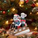 Hodao Christmas Mouse Figurines with Sleigh  Adorable Holiday Decoration Mice in Santa Hats, Festival Christmas Home Decor, Table Centerpiece, Winter Gifts (Blue)