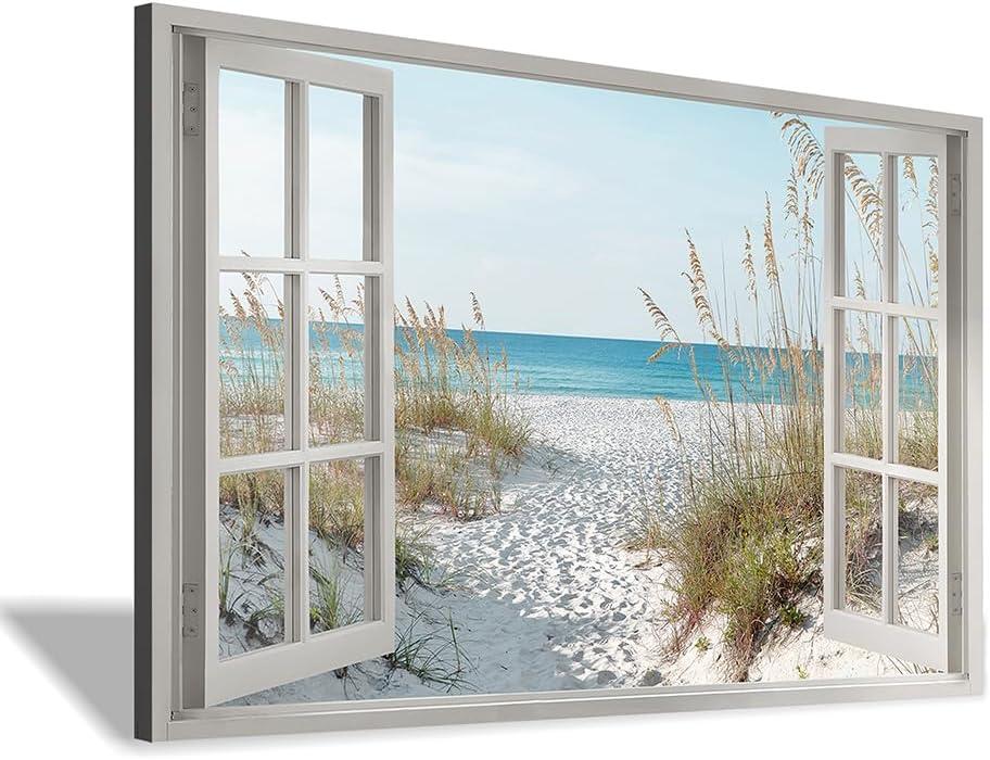 Hardy Gallery beach wall art window picture: coastal canvas artwork seascape scene prints looking out fake window wall decor for bathroom 12"x16"