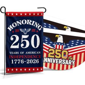 3Pcs 250 Anniversary USA Flag Set includes 1pc Double-Sided Linen 1776-2026 American Garden Flag 2pcs Patriotic Eagle Fan Flags Bunting for 4th of July Independence Day Decor, 12 x 18 Inch & 2 x 4 ft