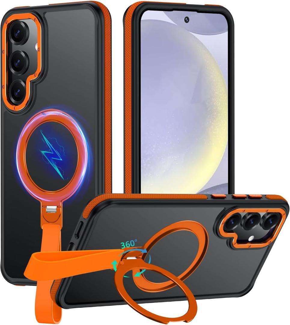 for Samsung Galaxy S24 Case with 360Spin Magnetic Stand-Finger Strap, [Fit for MagSafe] [Mil-Grade Protection] Non-Slip Shockproof Rugged Ring Holder Matte for S24 Phone Case (Orange)