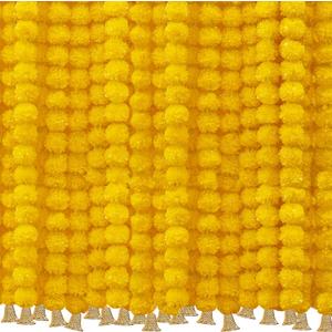 6 Pcs 5 Feet Long Strands Marigold Flowers Garland with Bell Indian Wedding Decoration Artificial Decorations for Altar Faux Flower for Diwali, Pooja, Bush Floral Party (Yellow)