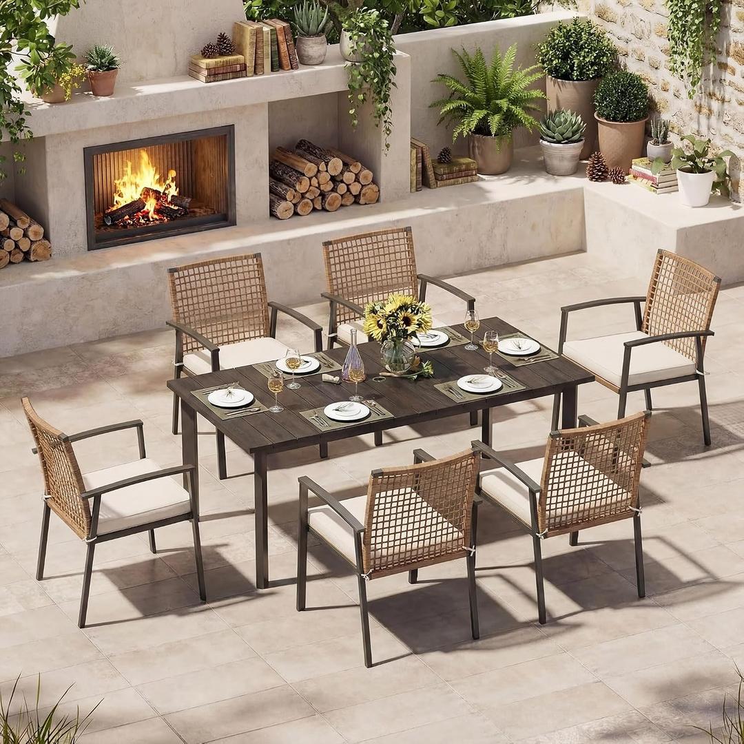 EO Living 7 Pieces Patio Dining Set, Outdoor Furniture Set of 6 Chairs with Soft Cushion and Rectangular Table with Umbrella Hole, Outdoor Dining Set for Backyard, Garden and Poolside