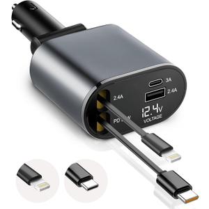EcoNour Fast 4-in-1 Retractable Car Charger Adapter | 60W Car iPhone Charger | USB C Fast Charge | Compatible up to iPhone 16, Samsung & Android | Charger with Retractable Cord