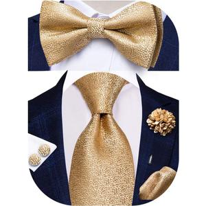 Hi-Tie 5Pcs Mens Solid Color Silk Tie Satin Pretied Bowtie Lapel Pin for Men Handkerchief Cufflink Wedding Gift Box