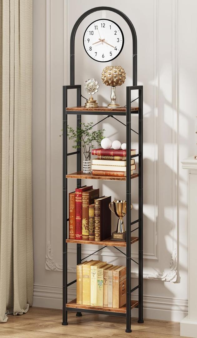 HIGDBFE Bookshelf, 4 Tier Arched Bookshelf with Built-in Clock, 68.2" Tall Narrow Bookcase, Modern Standing Book Shelf for Living Room, Bedroom, Home Office, Rustic Brown