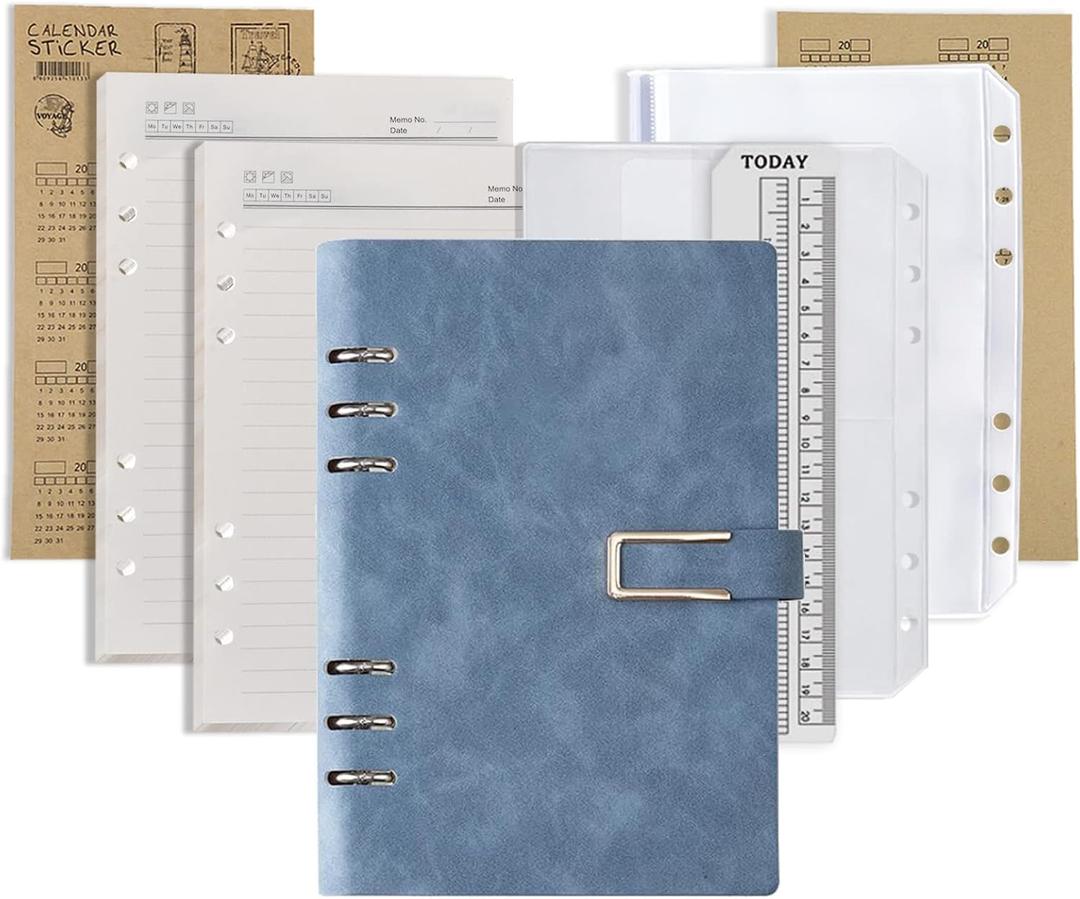 DY.2ten Refillable Notebook Set with PU Binder Cover - 6 Hole & Loose Leaf - 87 Sheets (174 Pages) of Lined Paper + A5 Zipper Binder Pockets + 3-fold Pouch + Index Note Tabs (Blue)