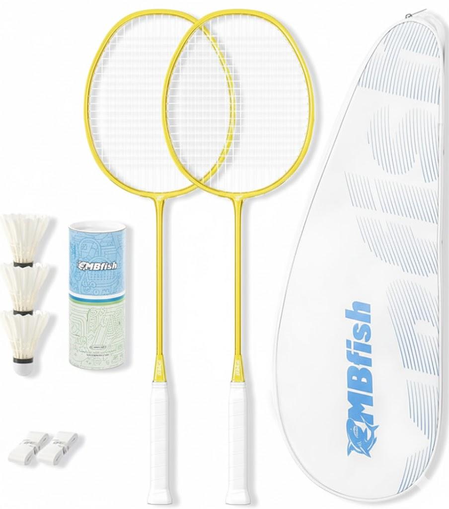 MBFISH Badminton Racket Set with 1 Carbon Fiber Racquet, 3 Shuttlecocks, 2 Replacement Grip Tapes and 1 Badminton Bag - Perfect for Outdoor Games and Gym 5U Yellow&White