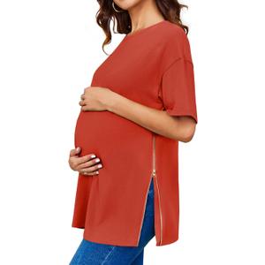 Women's Maternity Shirts Short Sleeve Sweatshirt Zipper Split Side Pregnancy Casual Tunic Top (Red, 30x40)