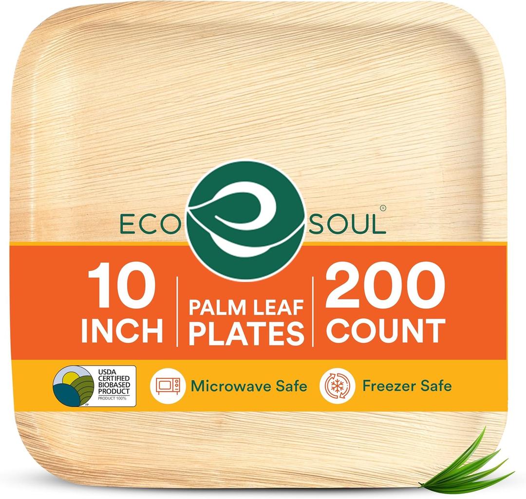 ECO SOUL Compostable 10 Inch Palm Leaf Square Plates (200 Count) Like Bamboo Plates | Biodegradable | Eco-Friendly, Microwave & Oven Safe (10" Square Plates)