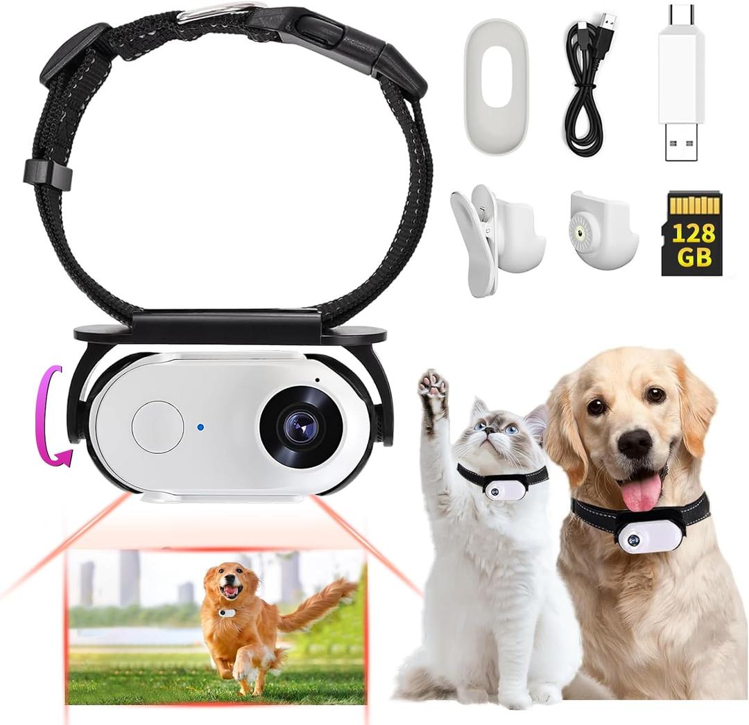 1080P Cat Camera Collar, HD 1080P Video Mini Collar with SD Card, Wireless Action Camera for Cats and Dogs, Dog Tracker Outdoor/Indoor (White 128GB)