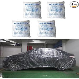 4 Pack Universal Disposable Car Covers Waterproof Plastic Car Cover for Automobiles Universal Vehicle Cover with Elastic Band for Sedan Outdoor Snow Rain Weather, (Size XL 4Pack)