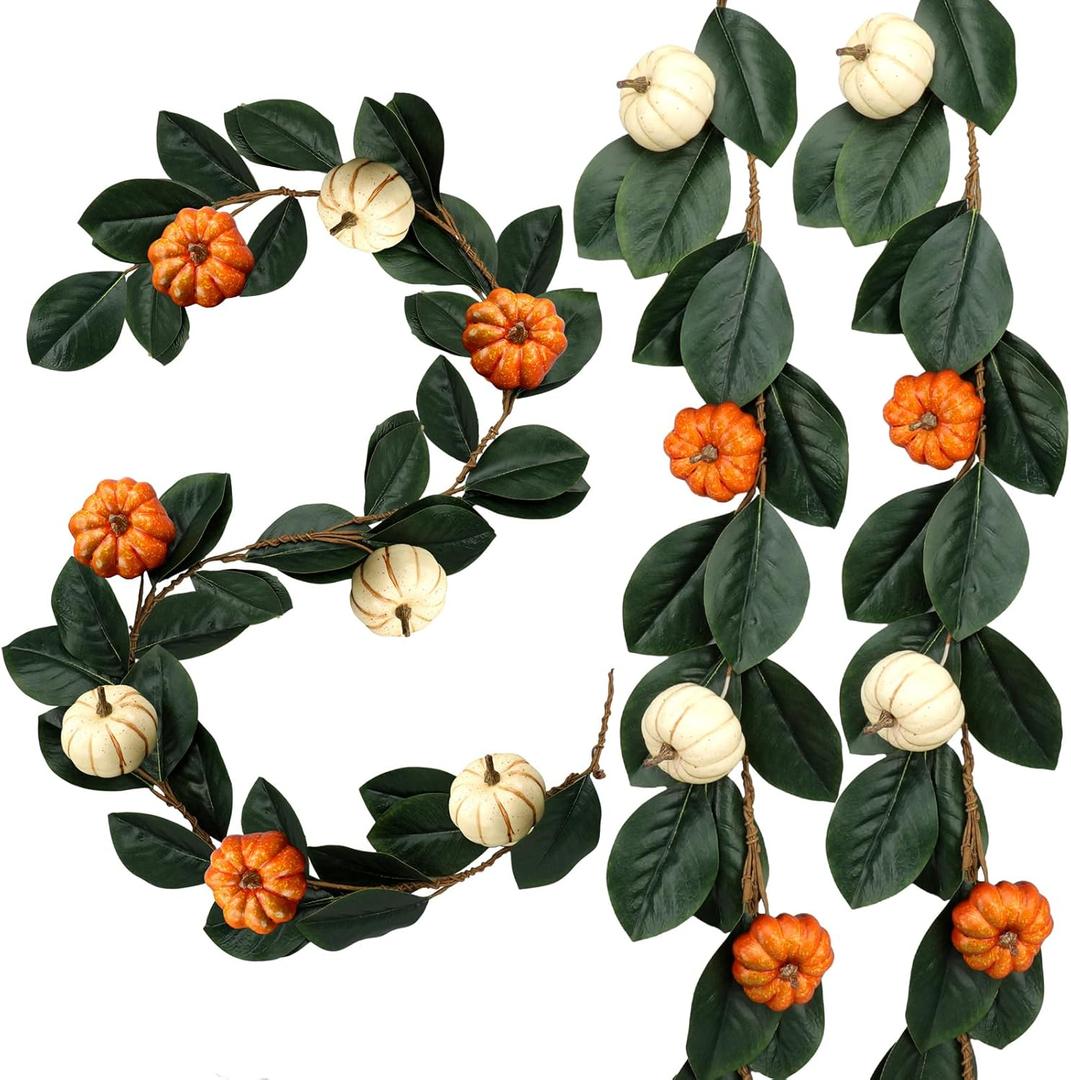 2 Pcs 6ft Thanksgiving Decor Fall Garland with Pumpkins Artificial Mixed Magnolia Leaves Farmhouse Hanging Rustic Autumn Garlands Decor for Front Door Kitchen Fireplace Home Indoor Outdoor