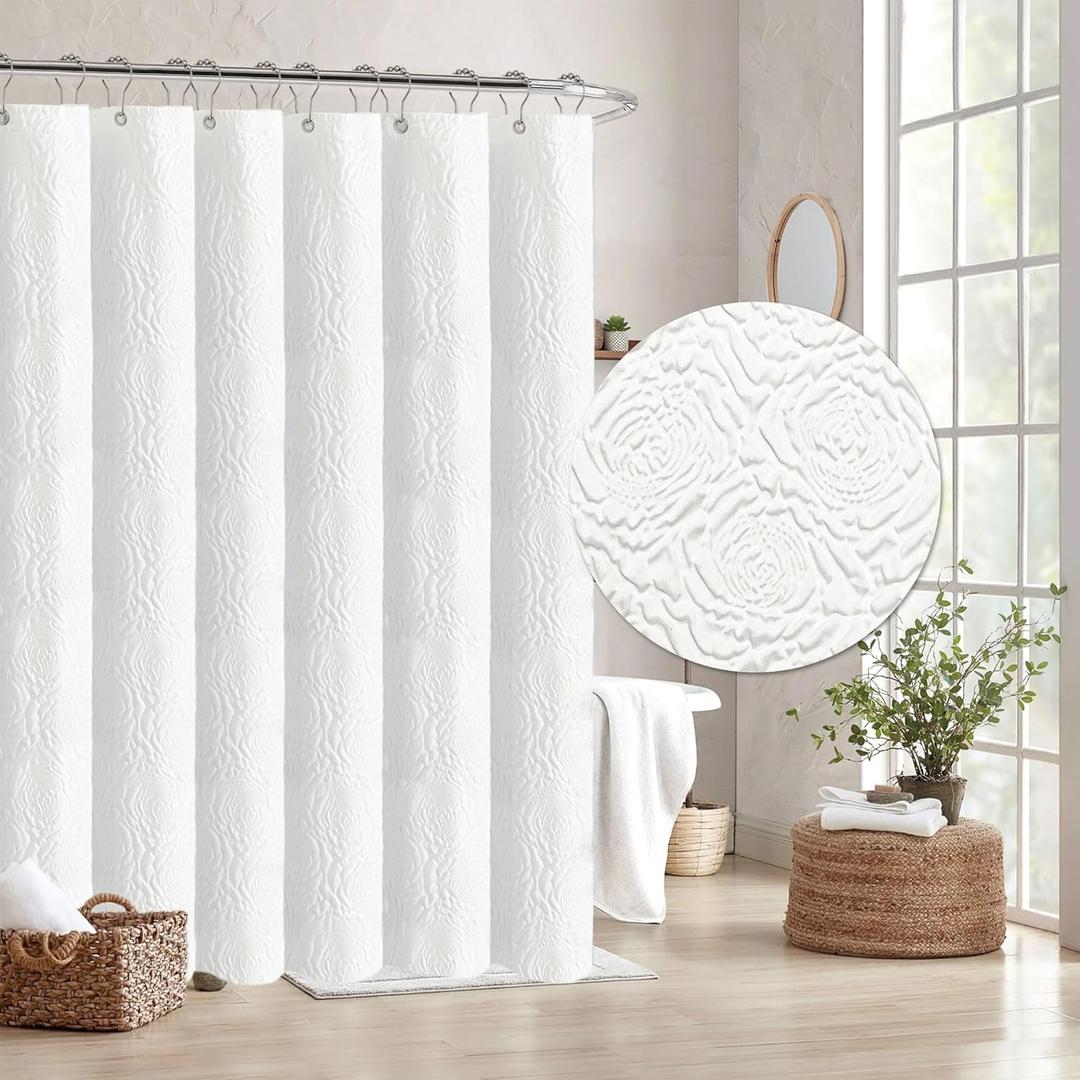 Tititex White 3D Embossed Floral Textured Fabric Shower Curtain for Bathroom,Modern Farmhouse Soft Cloth Shower Curtain Set - 72x72