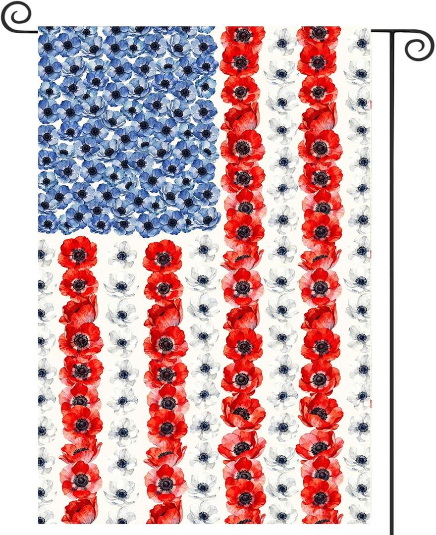 Patriotic Flower American Garden Flag Spring Summer Yard Decor 4th of July Memorial Independence Day Decorations Red White Blue Poppy Banner for Outside 28x40 Double Sided