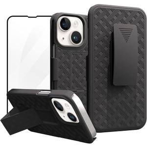 Ailiber Compatible for iPhone 14 Case, iPhone 13 Phone Case Holster with Screen Protector, Swivel Belt Clip, Kickstand Holder, Slim Shockproof Shell Slide Phone Cover for iPhone 14 6.1 inch -Black