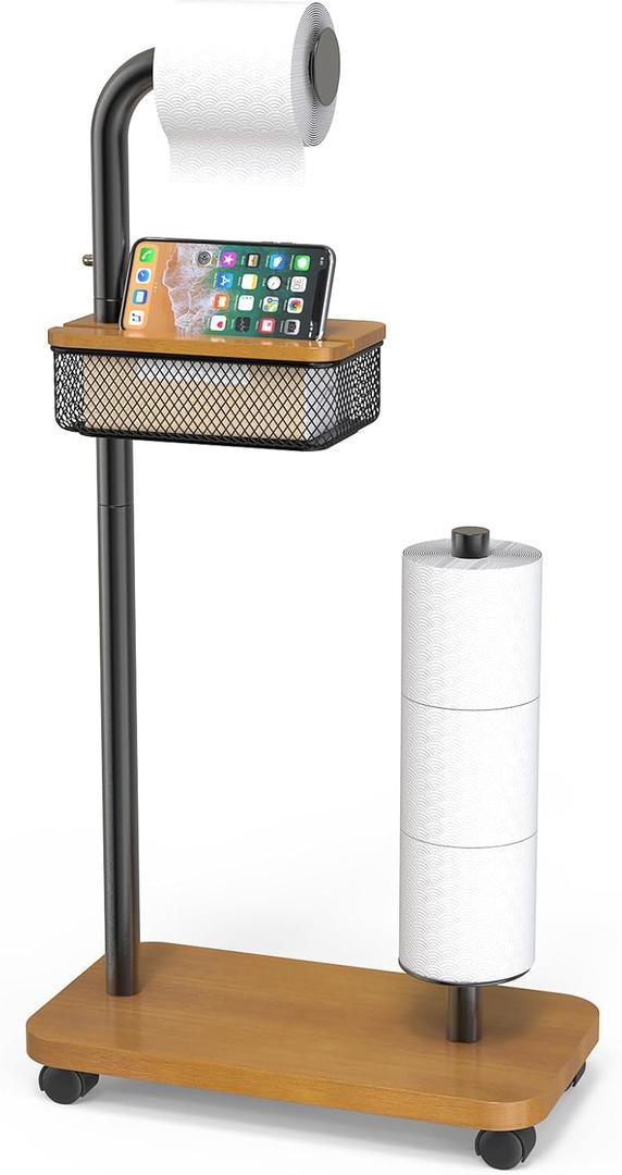 Free Standing Toilet Paper Holder with Shelf, Freestanding Tp Holder with Drawer for Wipes, No Drill, Non-Slip, Bathroom