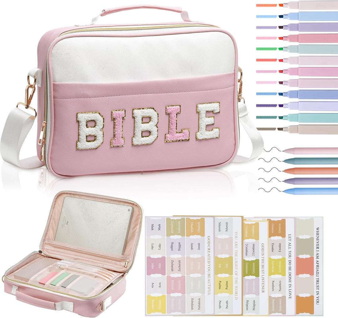 Bible Cover Case for Women, Large Chenille Letter Leather Bible Case with Bible Study Accessories, Bible Study Supplies Bible Journaling Kit, Christmas Christian Gift for Women Girls (Pink)