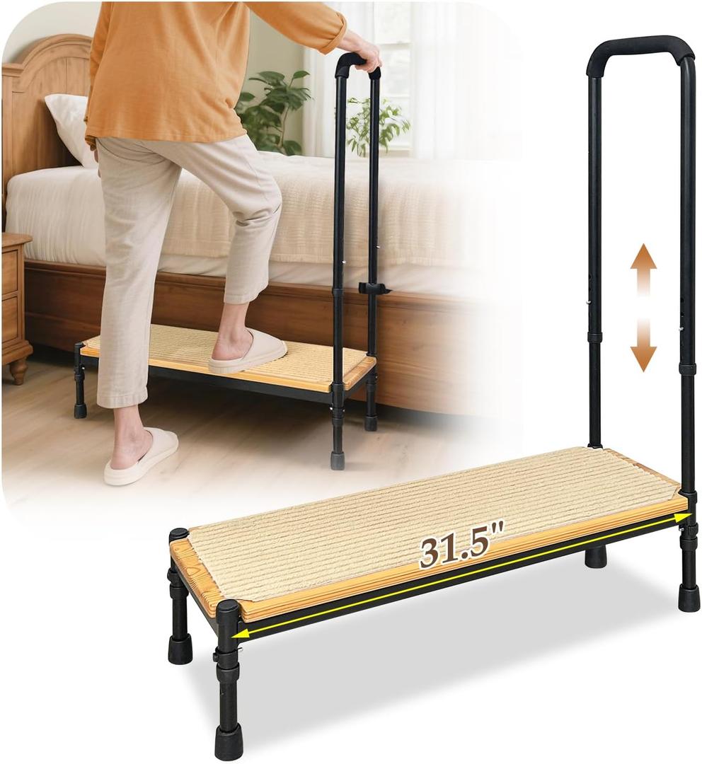 Medical Step Stool with Handle for Elderly Bed Steps for High Beds Adults Stepping Stool SUV Car Bariatric Handicap Seniors Safety Bedside Heavy Duty Foot Step Adjustable Assist Rail (Widen Platform)