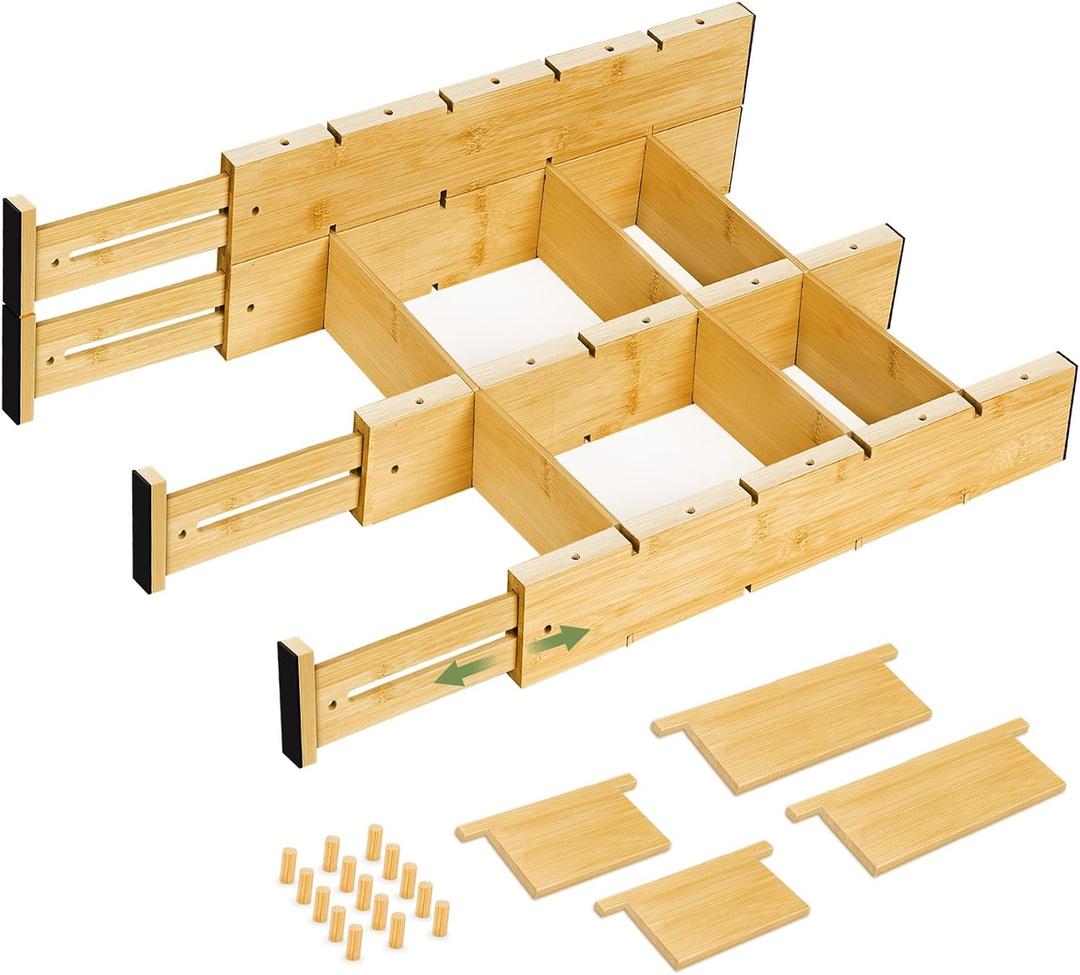 Bamboo Drawer Dividers 4PCS with Inserts, Expandable Kitchen Utensil Drawer Organizers, Adjustable drawer organizer for deep drawers Dresser Closet Underwear Storage Bedroom Bathroom Drawers (16.6"-22")