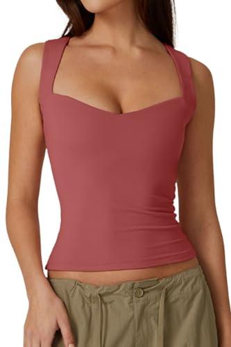 QINSEN Womens Marsala Red Tee Tops Sweetheart Neck High Stretch Sleeveless Shirts for Fashion M