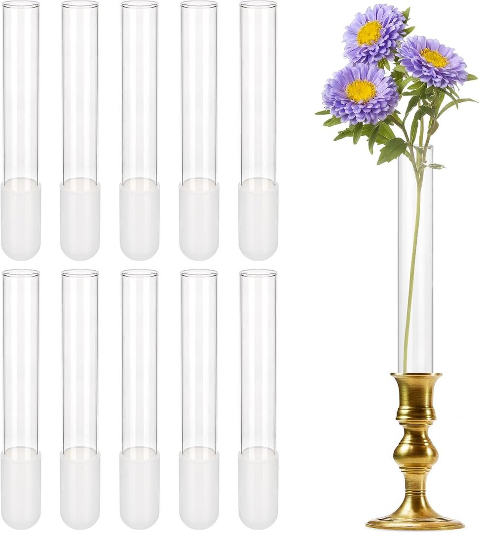 10 Pack Glass Cylinder Vases for Taper Candle Holders with Cuttable Silicone Sleeves (Fits 0.91" Candlestick Openings), Ideal for Dinner Parties, Home Accents, Event Decor, Wedding Arrangements