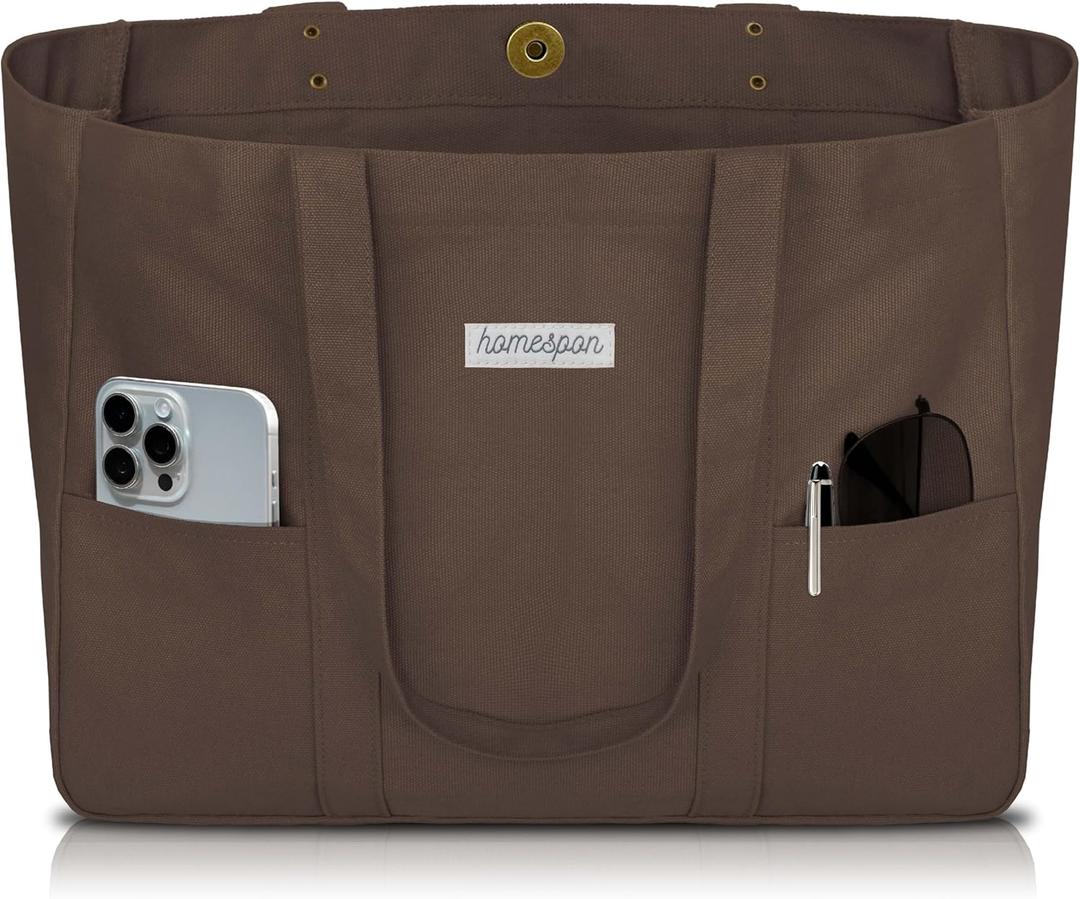 HOMESPON Large Canvas Tote Bag for Women Everything Bag with Pockets and Laptop Sleeve (Brown)