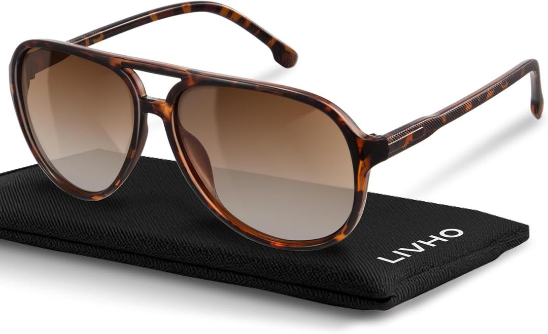 livho Trendy Polarized Aviator Sunglasses Women Men, Retro Sun Glasses for Women Men 2025, Oversized UV Protection Shades (Dark Brown Tortoise/ Brown)