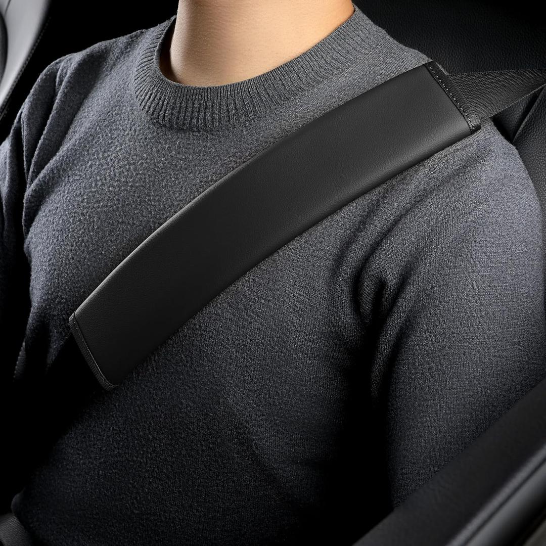 2PS seat Belt Cover pad,Faux Leather Seatbelt Covers Strap Shoulder Cushion for Driver Accessories,Backpack, Shoulder Bag (Black)