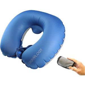 TREKOLOGY Inflatable Neck Pillow for Travel  Compact Ultralight Air Pillow with Button Inflation & Quick Deflate  Dual-Fabric Neck Support Cushion for Airplane, Car, Train, Bus