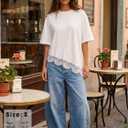EXLURA Womens Summer Oversized Lace Trim T Shirts 2026 Casual Half Sleeve Asymmetrical Hem Tops Loose Crewneck Tunic Blouse (White, M)