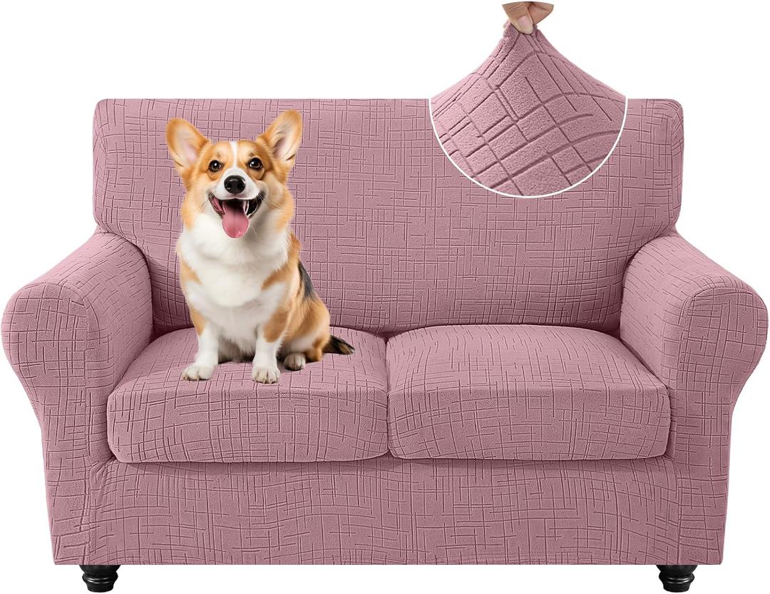 CYCMCAO 3 Piece Stretch Sofa Cover Couch Covers for 2 Cushion Couch, Non Slip Loveseat Covers, Sofa Covers Washable with Elastic Bottom for Kids, Dogs (Pink), 55"-69" (2 Cushion Loveseat)