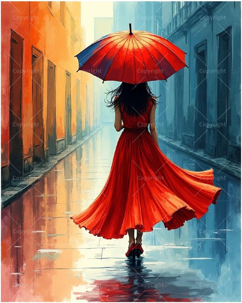 City Street Paint by Numbers Kit for Adults - DIY Woman with Red Umbrella Painting on Canvas, Acrylic Paint Set, Suitable for Beginners, Art for Home Decoration or Gifts(16X20IN Framed)